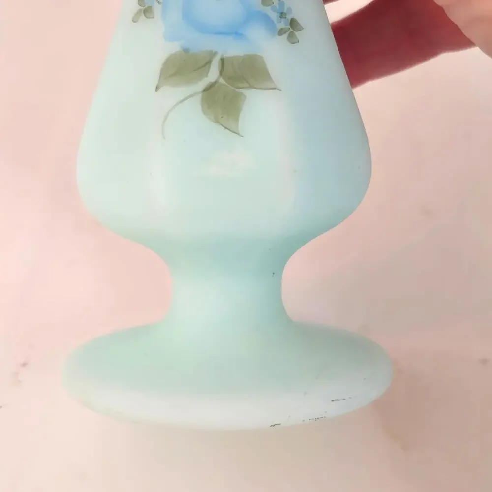 Vintage Fenton Bud Vase Blue Roses Hand Painted Satin Glass Artist Signed MCM